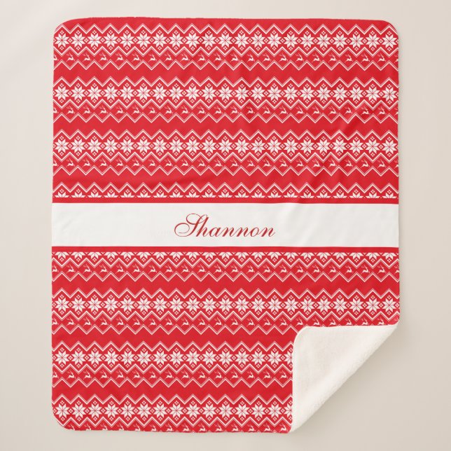 Red And White Sweater Pattern Personalised Sherpa Blanket (Front)