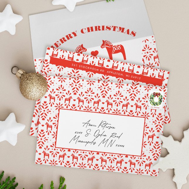 Red and White Swedish Dala Horse Holiday Envelope (Red and white Swedish folk art patterned holiday envelope with return address and Dala horses inside)