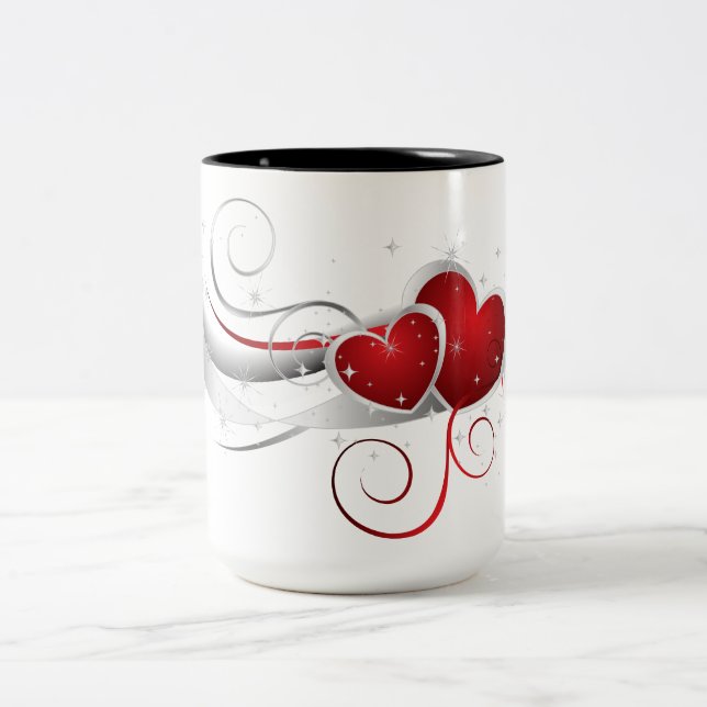 Red and White Swoosh Hearts Two-Tone Coffee Mug (Center)