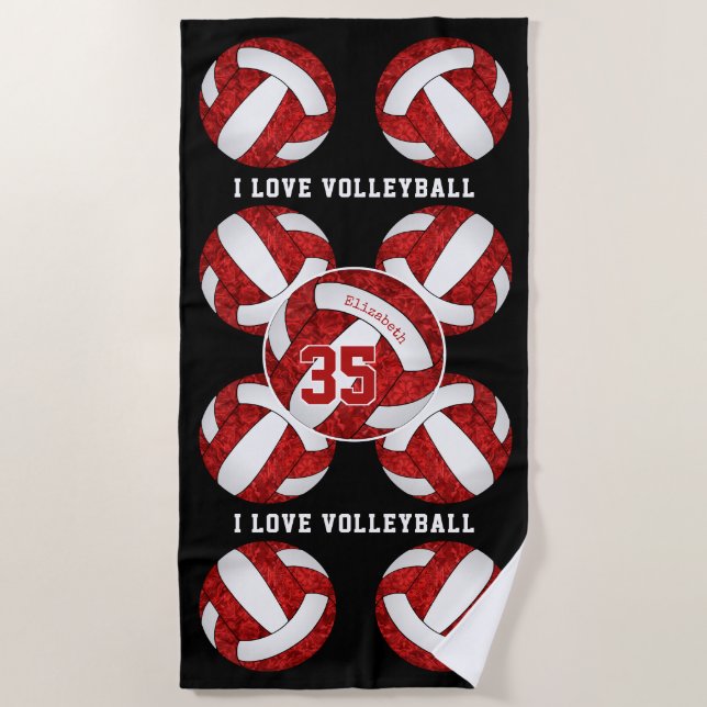red and white team colours I love volleyball girly Beach Towel (Front)