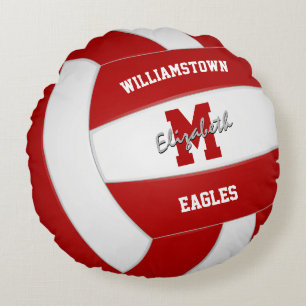 red and white team colours realistic volleyball round cushion