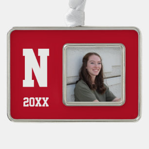 Red and White Team Pride with Photo and Year Silver Plated Framed Ornament
