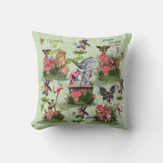 Red and white toadstool fairytale stories cushion (Front)
