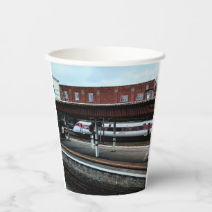 Red and white train paper cups