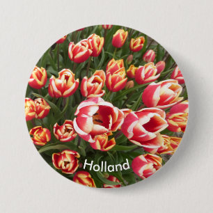 Red and White Tulip Field Holland Button