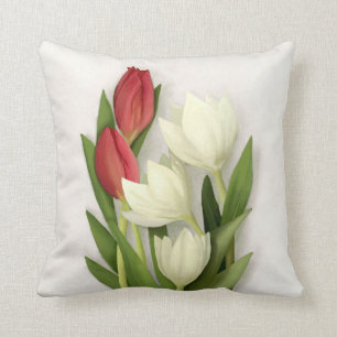 Red and White Tulips Floral Throw Pillow