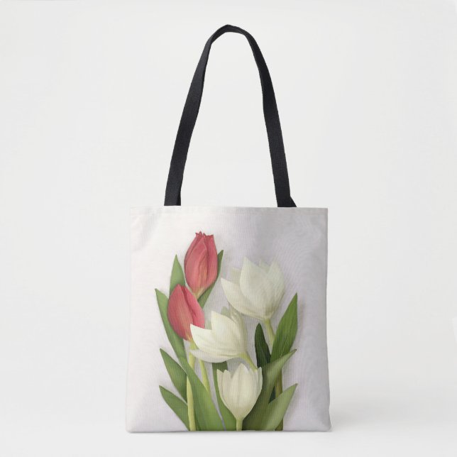 Red and White Tulips Floral Tote Bag (Front)