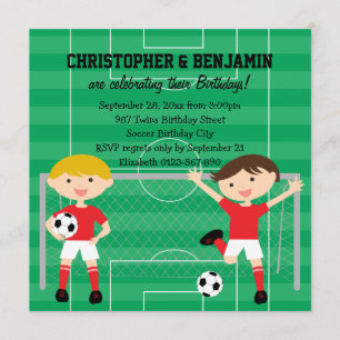Red and White Twin Boys Soccer v2 Birthday Party Invitation