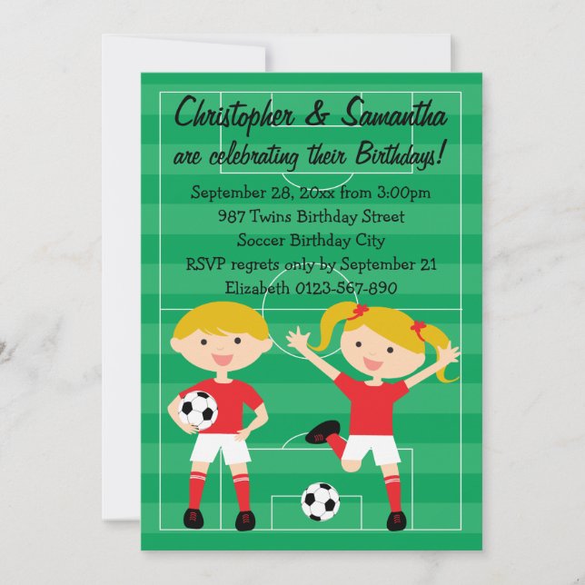 Red and White Twins Soccer Birthday Party Invitation (Front)