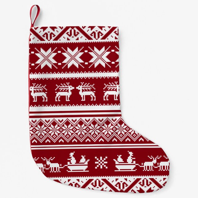 Red and White Ugly Christmas Sweater patterns Small Christmas Stocking (Front)