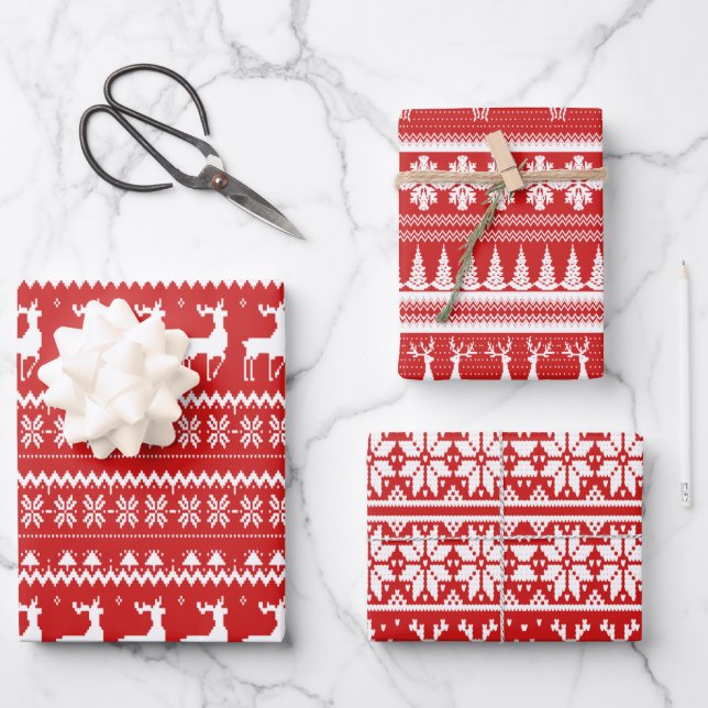 Red and White Ugly Christmas Sweater Wrapping Paper Sheet (Front)