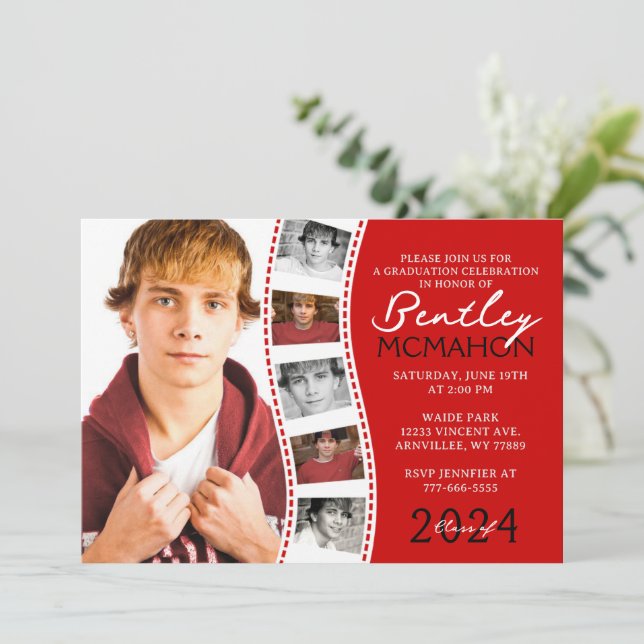 Red and White Unique Filmstrip 6 Photo Graduation Invitation (Standing Front)