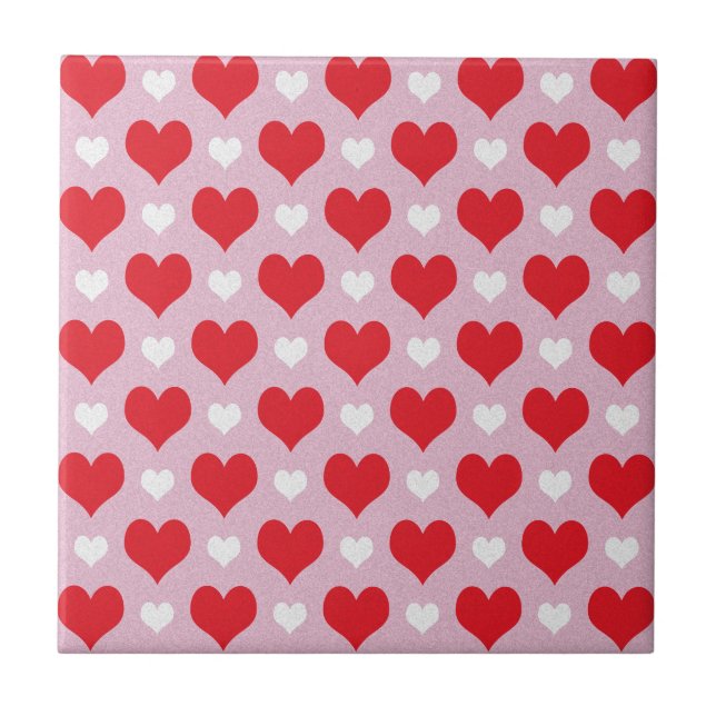 Red and white valentine hearts pattern ceramic tile (Front)