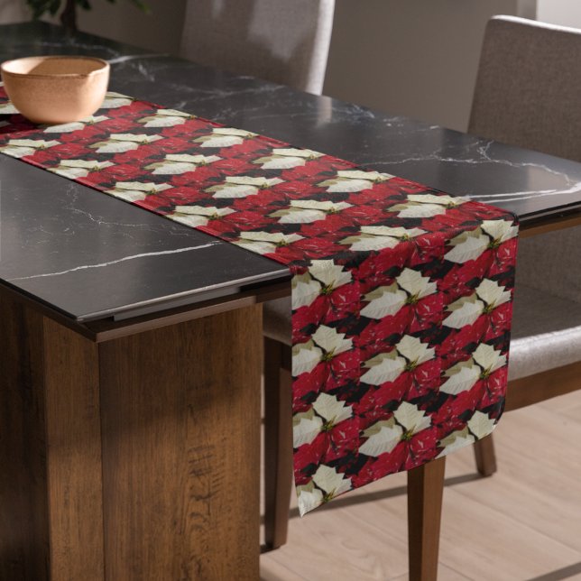 Red and White Variegated Poinsettia Floral Holiday Short Table Runner (Creator Uploaded)