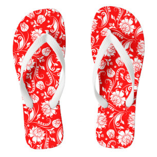 Red And White Vintage Floral Damasks Pattern Thongs