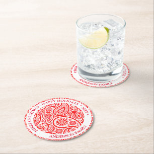 Red and white vintage paisley pattern round paper coaster