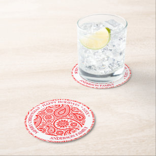 Red and white vintage paisley pattern round paper coaster