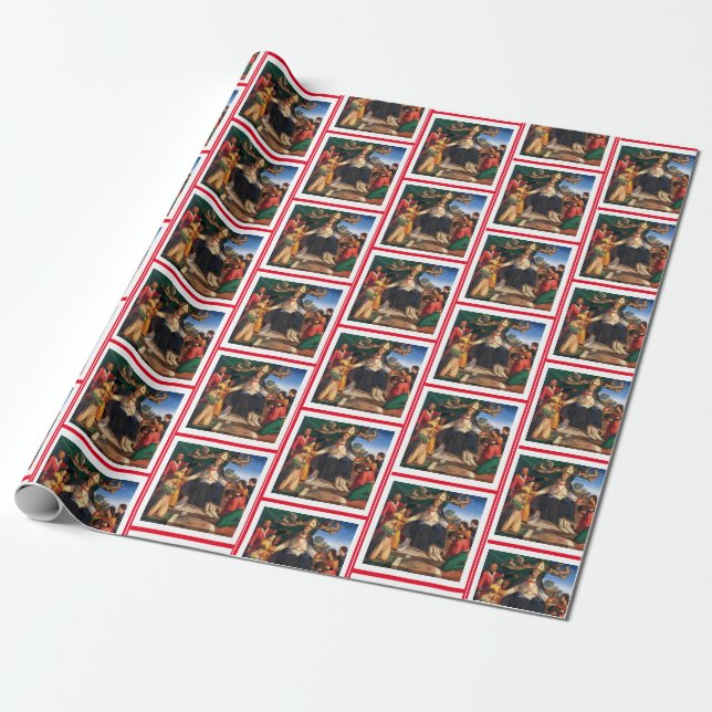 Red and White Vintage Saint Nicholas  Wrapping Paper (Unrolled)