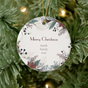 Red And White Watercolour floral Christmas Ceramic Ornament