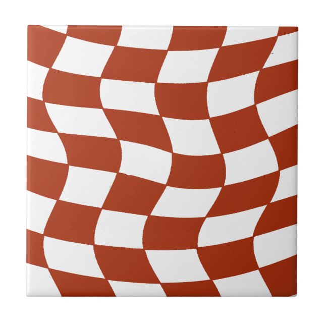 Red and White Wavy Chequerboard Ceramic Tile (Front)