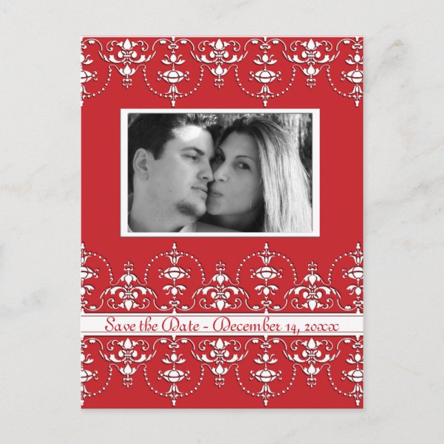 Red and White Wedding Victorian save date photo Announcement Postcard (Front)