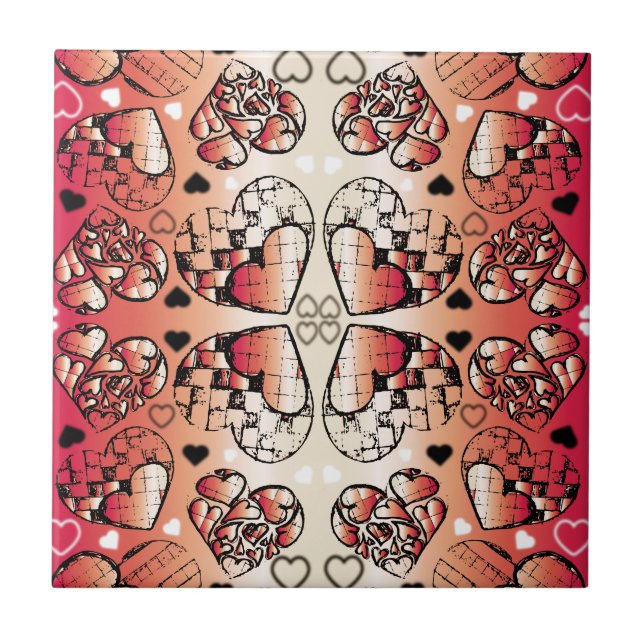 Red and white Whimsical Romantic Hearts pattern Ceramic Tile (Front)