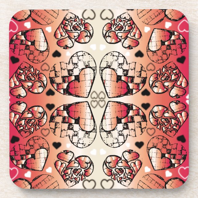 Red and white Whimsical Romantic Hearts pattern Coaster (Front)