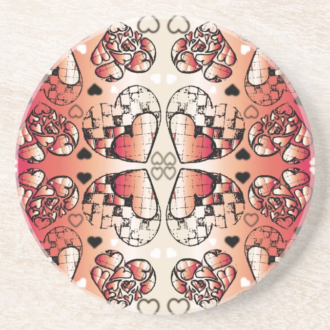 Red and white Whimsical Romantic Hearts pattern Coaster (Front)