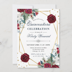 Red and White Winter Flowers and Frame Quinceanera Invitation
