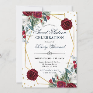Red and White Winter Flowers and Frame Sweet 16 Invitation