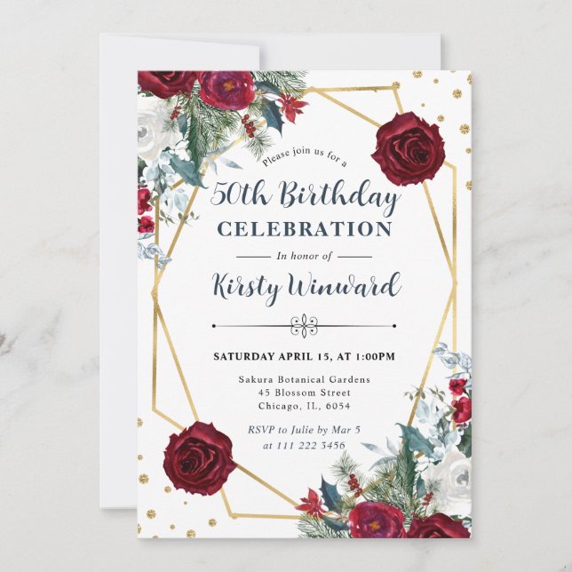 Red and White Winter Flowers Frame 50th Birthday Invitation (Front)