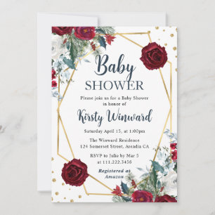 Red and White Winter Flowers Frame Baby Shower Invitation
