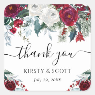 Red and White Winter Flowers Wedding Square Sticker