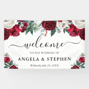 Red and White Winter Flowers Wedding Welcome Banner