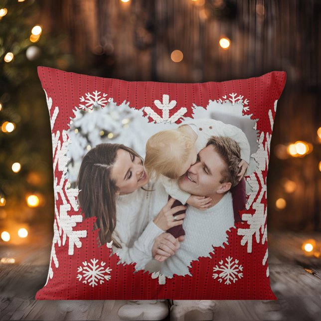 Red And White Winter Heart Photo Double Sided Cushion (Red And White Winter Heart Personalized Photo Double Sided Throw Pillow)