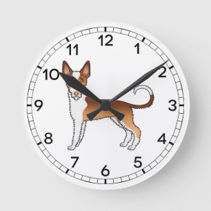 Red And White Wire Haired Ibizan Hound Cartoon Dog Round Clock