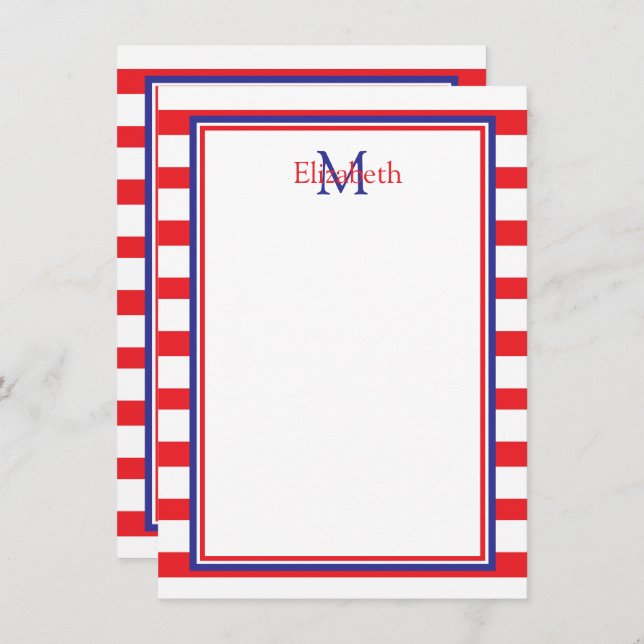 Red and White With Navy Blue Stripes Monogram Card (Front/Back)