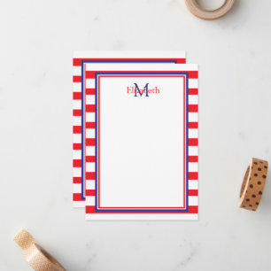 Red and White With Navy Blue Stripes Monogram Card