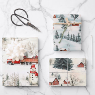 Red and White Woodland Snowman and Truck Christmas Wrapping Paper Sheet