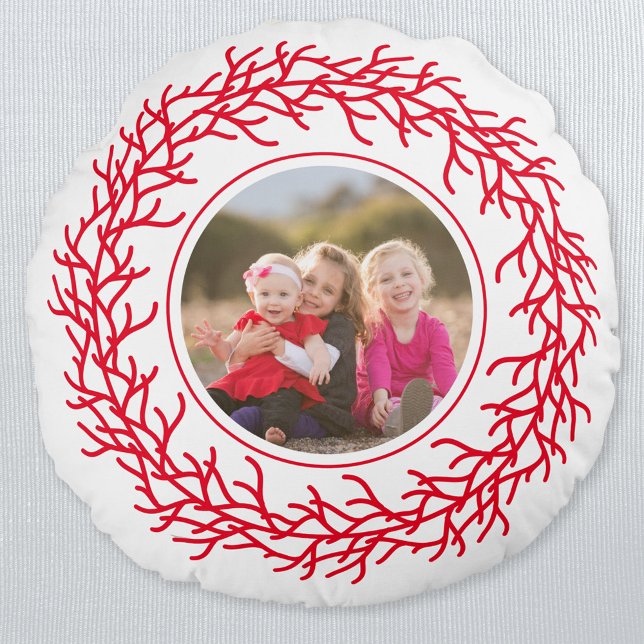 Red and White Wreath Photo Round Cushion (Photo modern Scandinavian red and white wreath holiday keepsake round pillow)