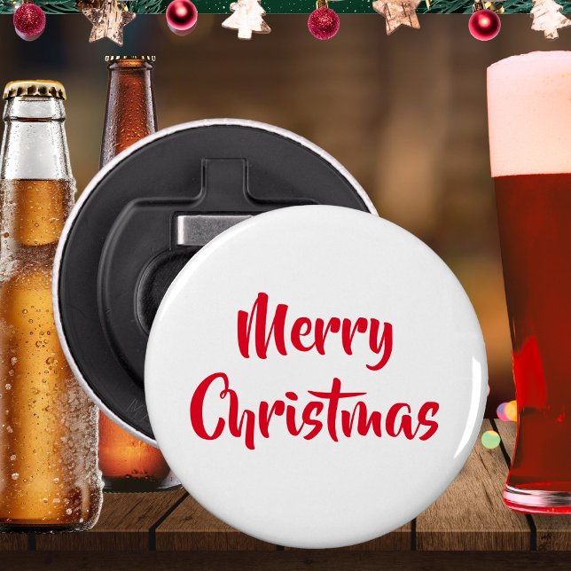 Red and White Xmas Festive Holiday Merry Christmas Bottle Opener (A handy bottle opener with Merry Christmas words in red on white. An ideal festive stocking filler)