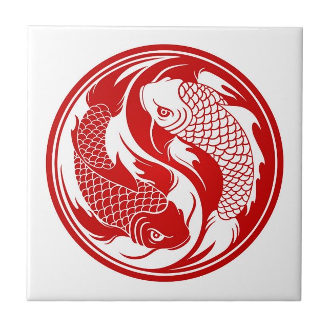 Red and White Yin Yang Koi Fish Ceramic Tile (Front)