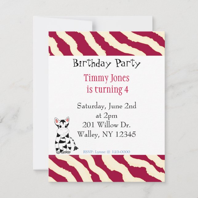 Red and White Zebra Pattern Birthday  Invitation (Front)