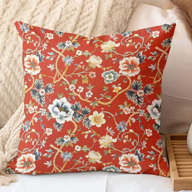 Red and Yelllow Spring Flowers Chinoiserie Pattern Cushion (Red and Yelllow Spring Flowers Chinoiserie Pattern Throw Pillow in a neutral boho bedroom.)