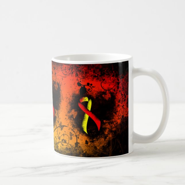 Red and Yellow Awareness Ribbon Grunge Heart Coffe Coffee Mug (Right)
