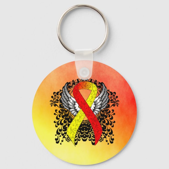 Red and Yellow Awareness Ribbon with Wings Key Ring (Front)