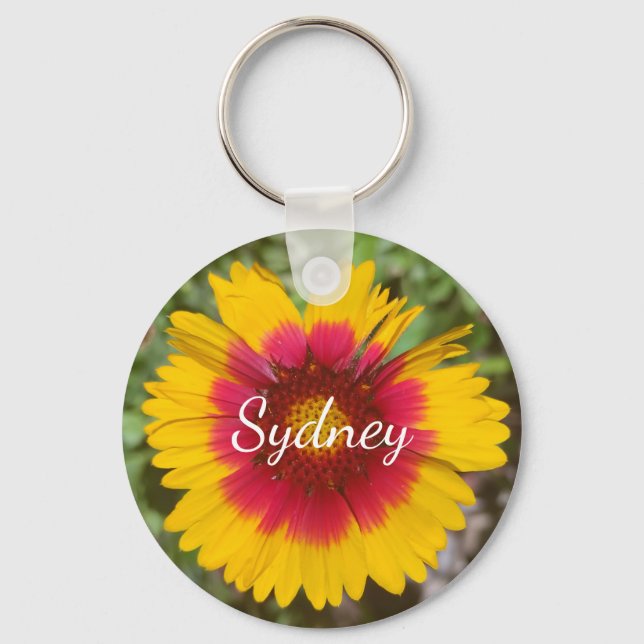 Red and Yellow Blanket Flower with Name Key Ring (Front)
