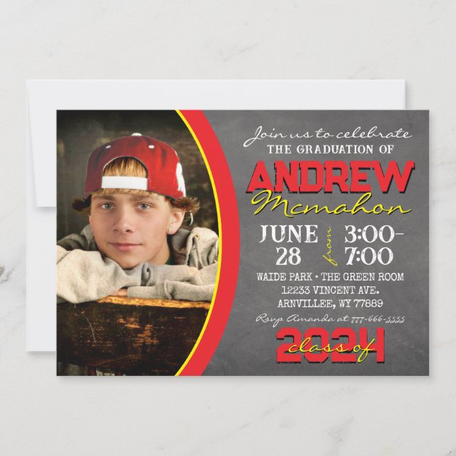Red and Yellow Chalkboard Graduation Invitation (Front)