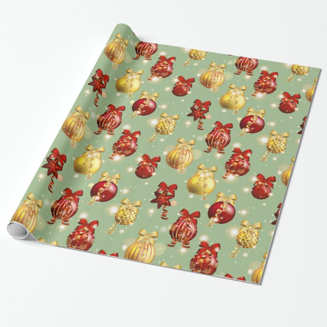 Red and Yellow Christmas Balls with Bows Wrapping Paper (Unrolled)