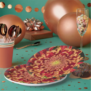 Red and Yellow Chrysanthemum Floral Paper Plate